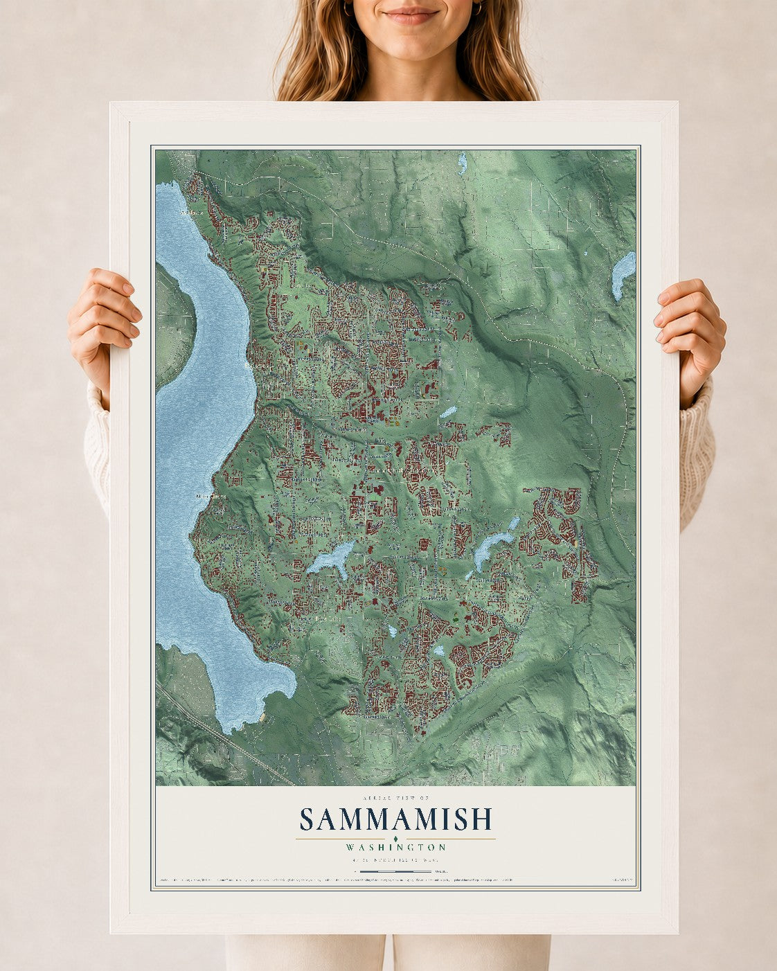 Map of Sammamish, Washington, 24 x 36 inch print in a white wood frame