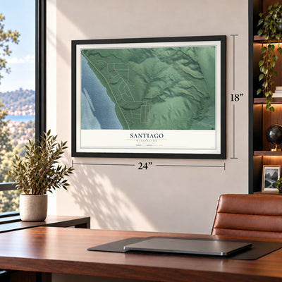 Santiago, Washington map, 18 x 24 inch print in a black frame in a home office