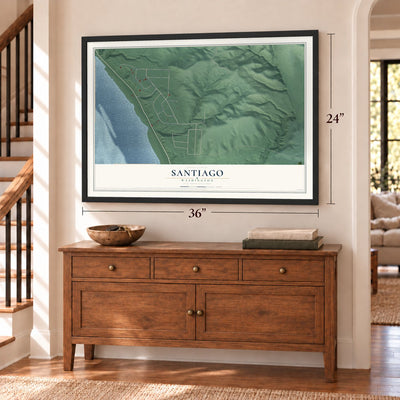 Santiago, Washington map, 24 x 36 inch print in a black frame above a dresser by a staircase