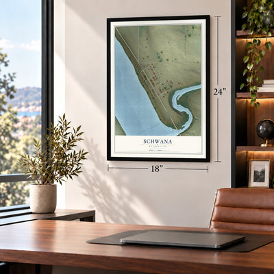 Schwana, Washington map, 18 x 24 inch print in a black frame in a home office