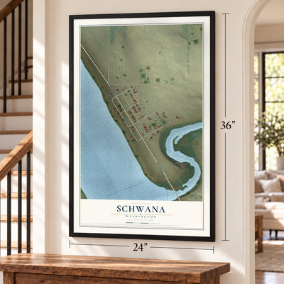 Schwana, Washington map, 24 x 36 inch print in a black frame by a staircase