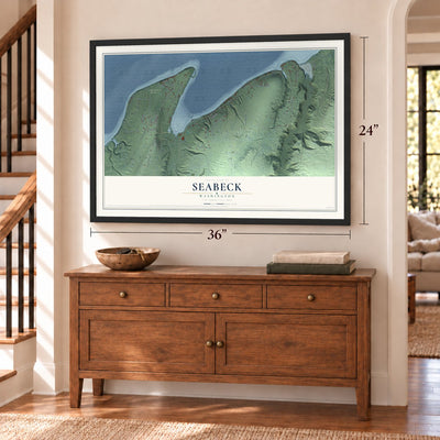 Seabeck, Washington map, 24 x 36 inch print in a black frame above a dresser by a staircase