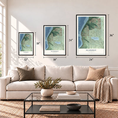 Seahurst, Washington map in 12 x 18, 18 x 24 and 24 x 36 inch sizes above a sofa