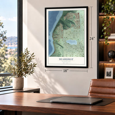 Seahurst, Washington map, 18 x 24 inch print in a black frame in a home office