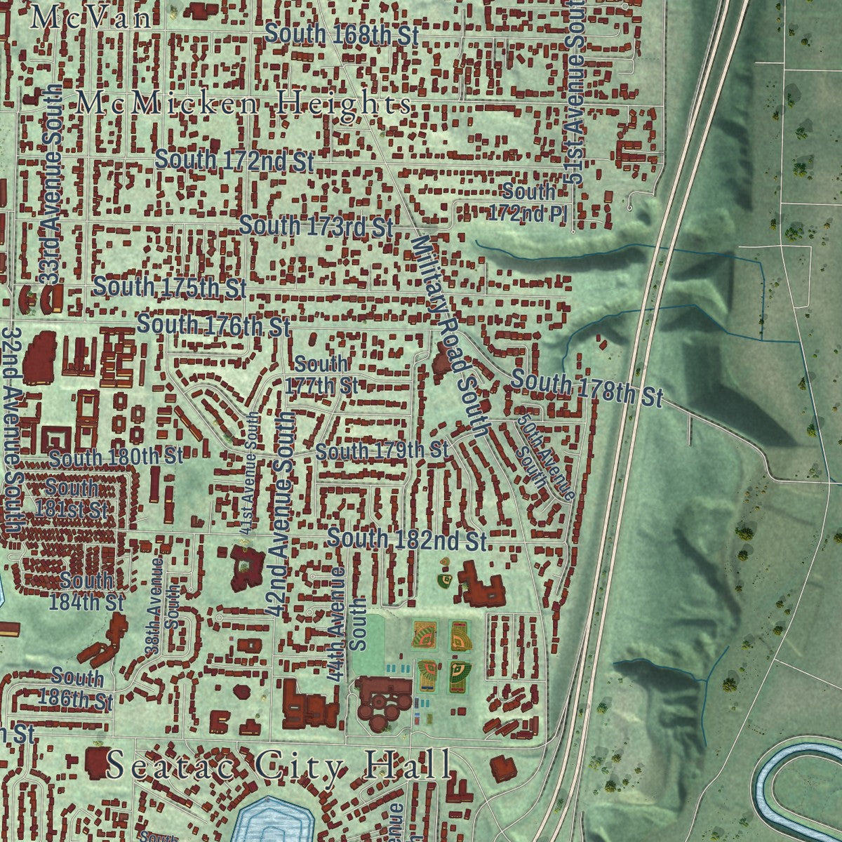 Close-up of the map of SeaTac, Washington print showing street and building detail