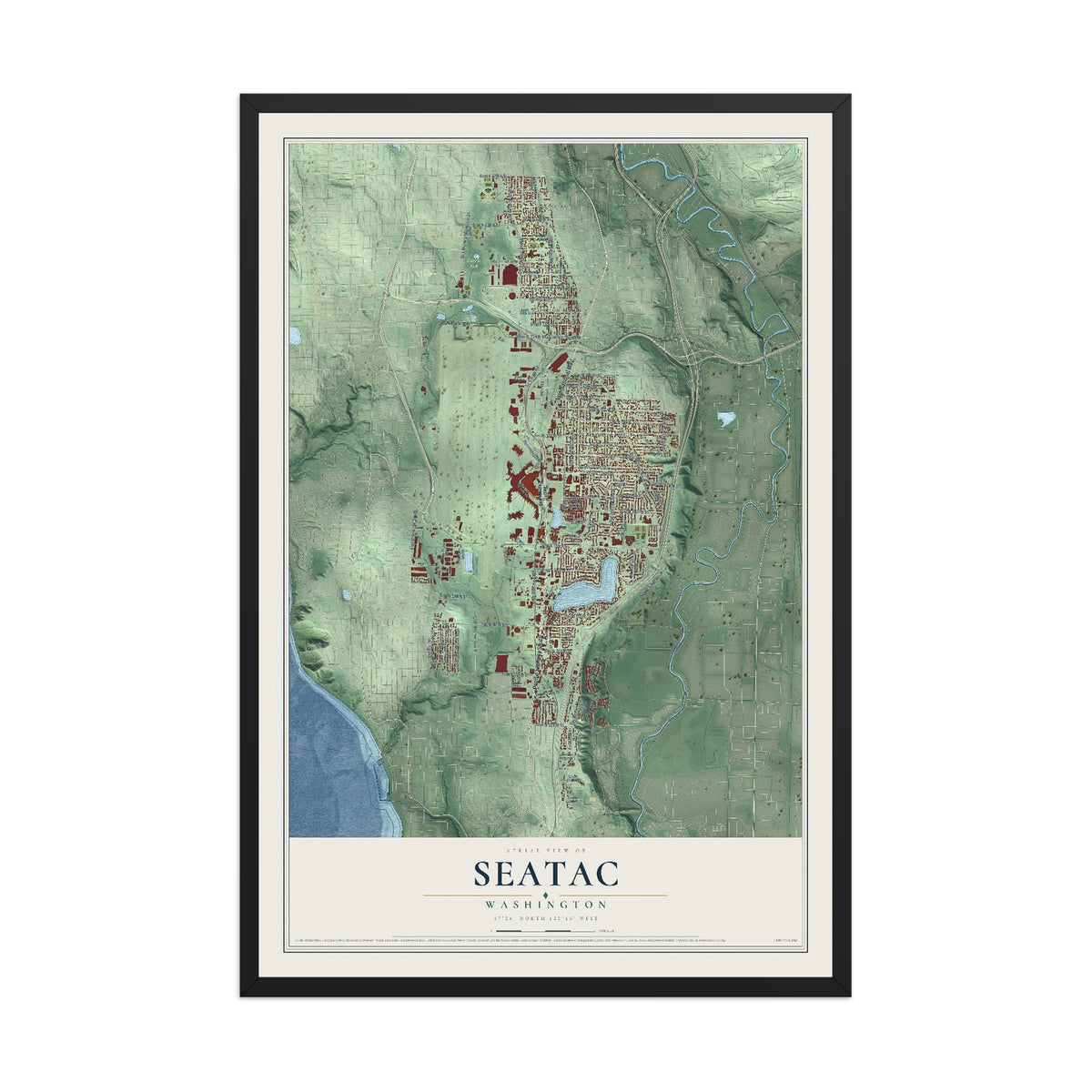 Map of SeaTac, Washington, 12 x 18 inch print in a black wood frame