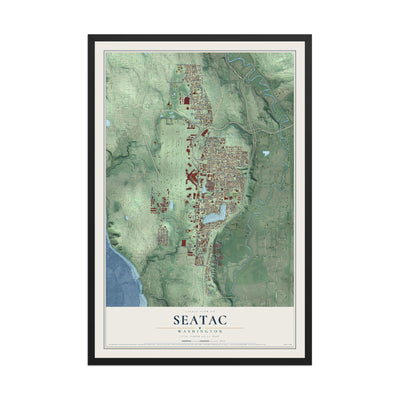 Map of SeaTac, Washington, 12 x 18 inch print in a black wood frame