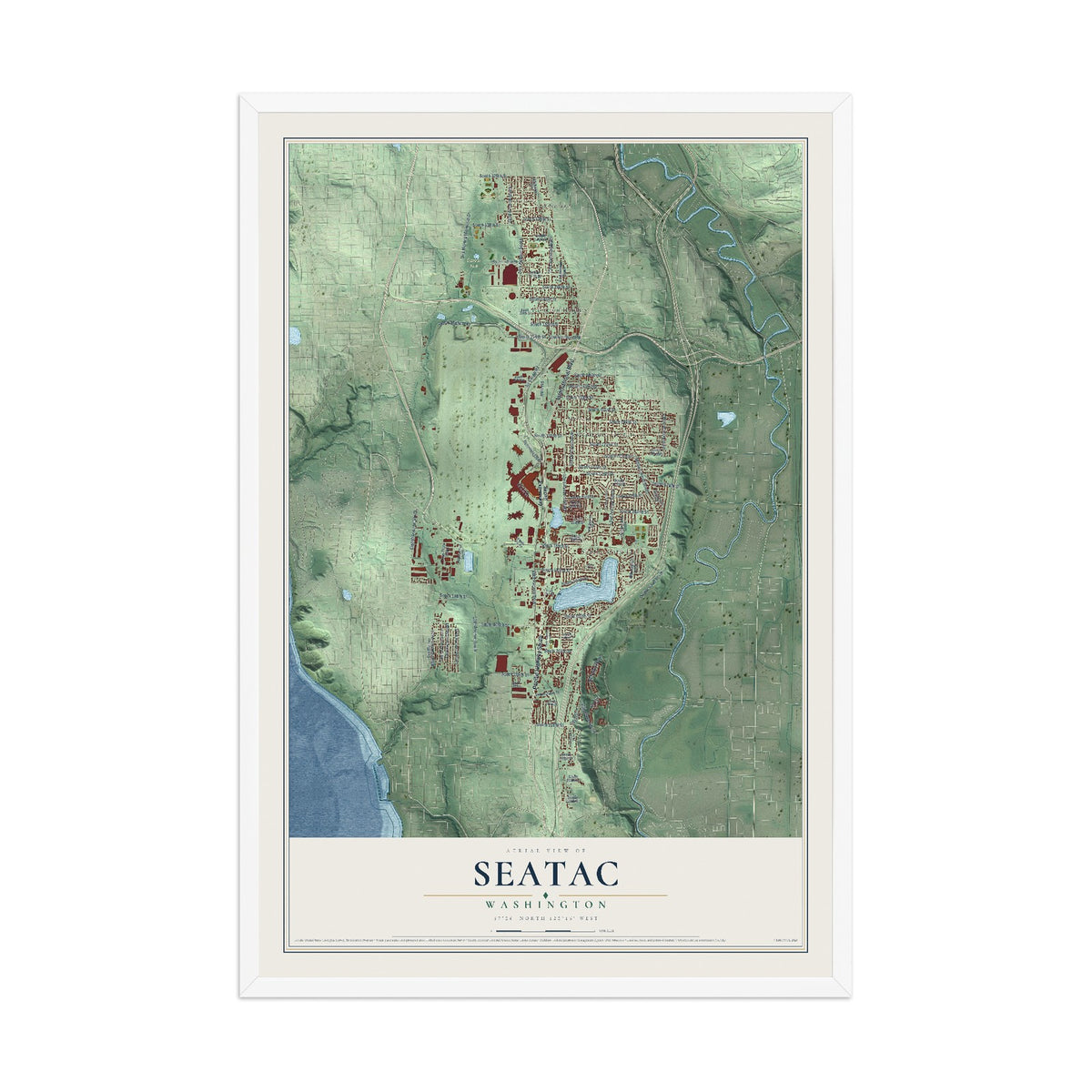 Map of SeaTac, Washington, 12 x 18 inch print in a white wood frame
