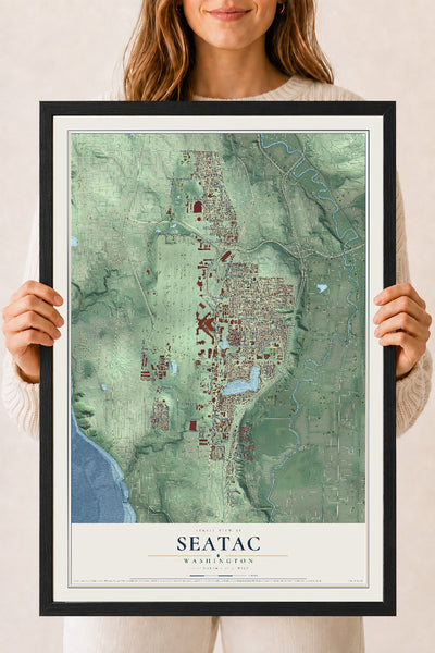 Map of SeaTac, Washington, 18 x 24 inch print in a black wood frame