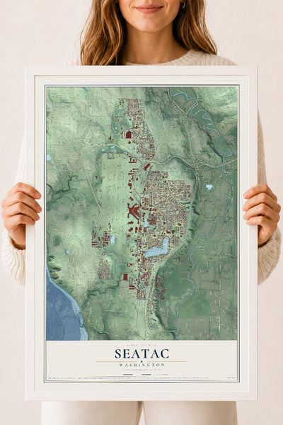 Map of SeaTac, Washington, 18 x 24 inch print in a white wood frame