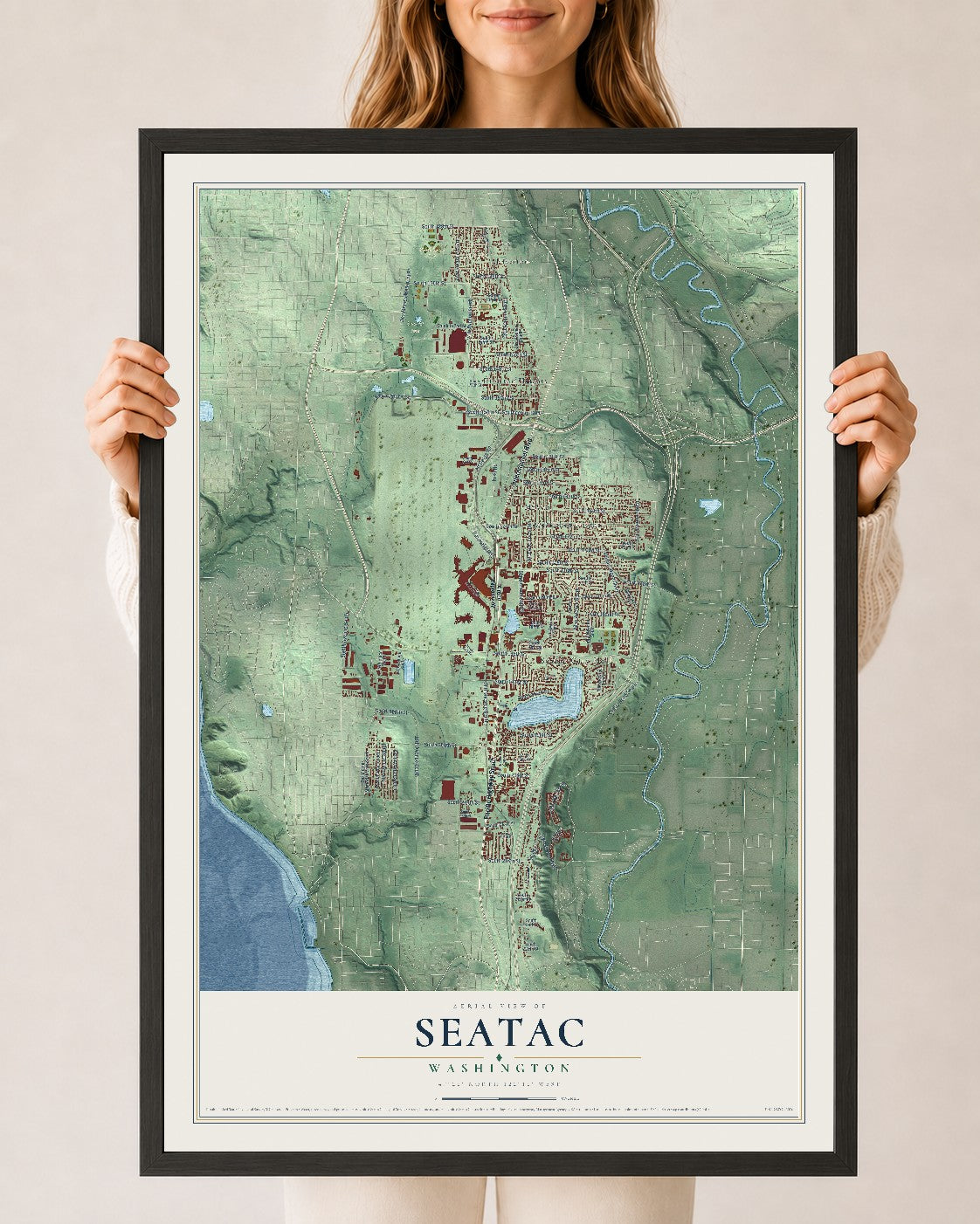 Map of SeaTac, Washington, 24 x 36 inch print in a black wood frame