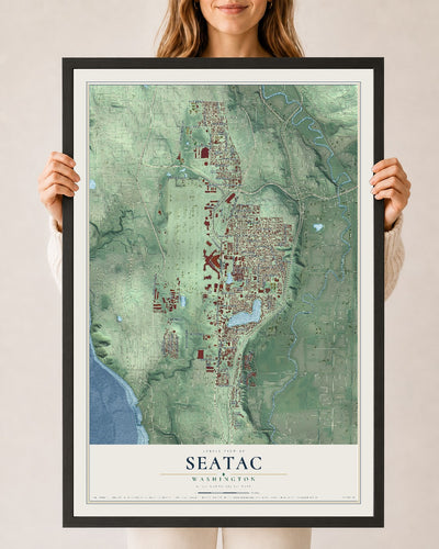 Map of SeaTac, Washington, 24 x 36 inch print in a black wood frame