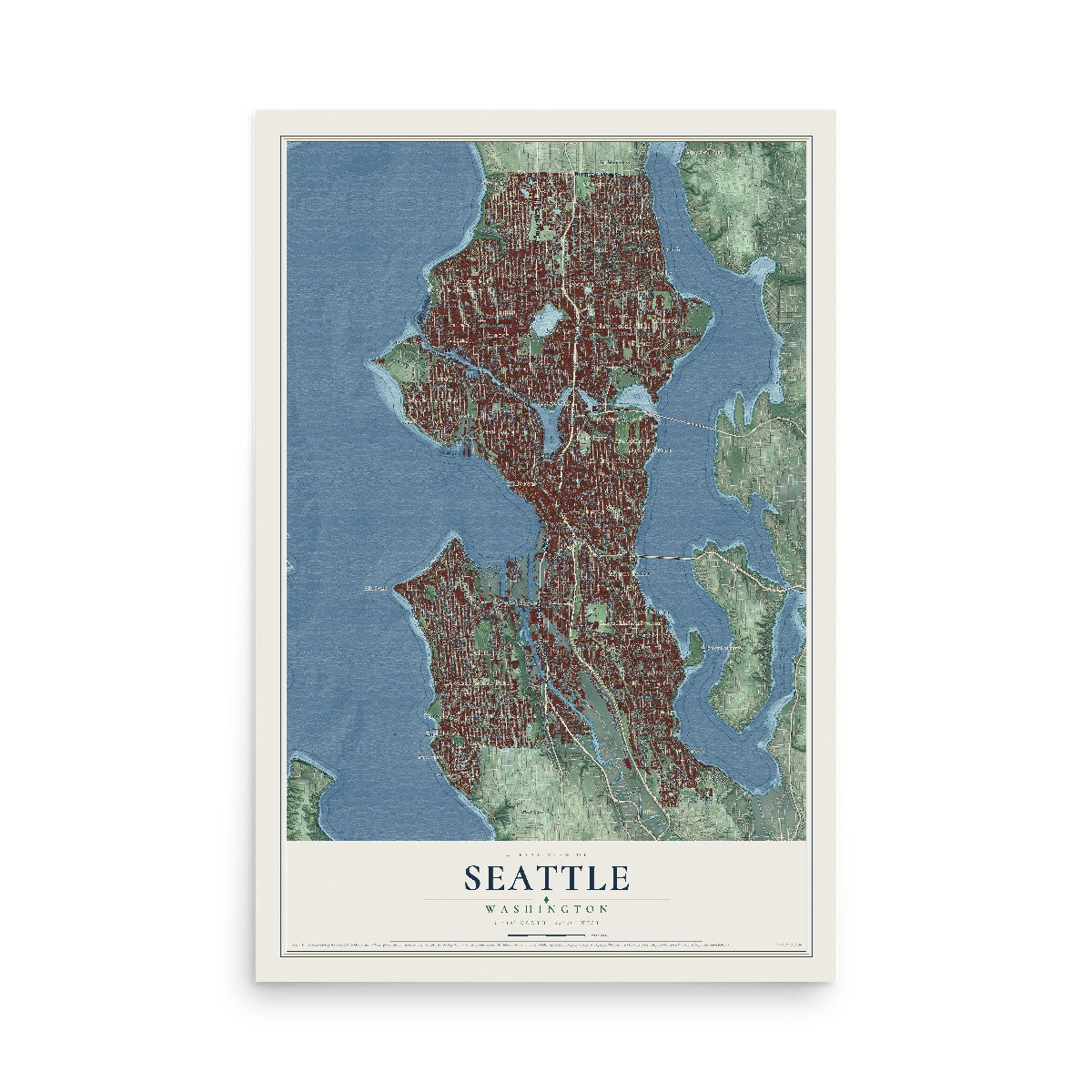 Map of Seattle, Washington, 12 x 18 inch unframed archival matte print