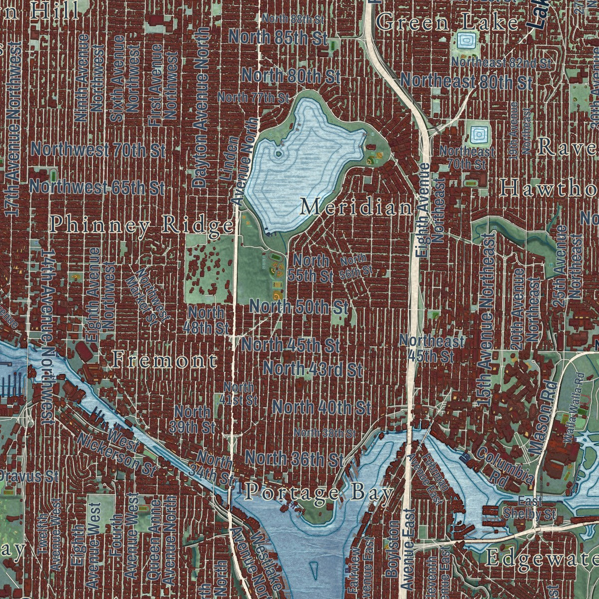 Close-up of the map of Seattle, Washington print showing street and building detail