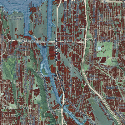 Second close-up of the map of Seattle, Washington print showing more streets and buildings