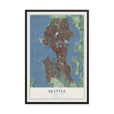 Map of Seattle, Washington, 12 x 18 inch print in a black wood frame