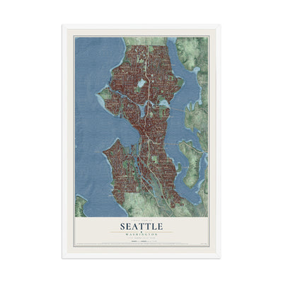 Map of Seattle, Washington, 12 x 18 inch print in a white wood frame