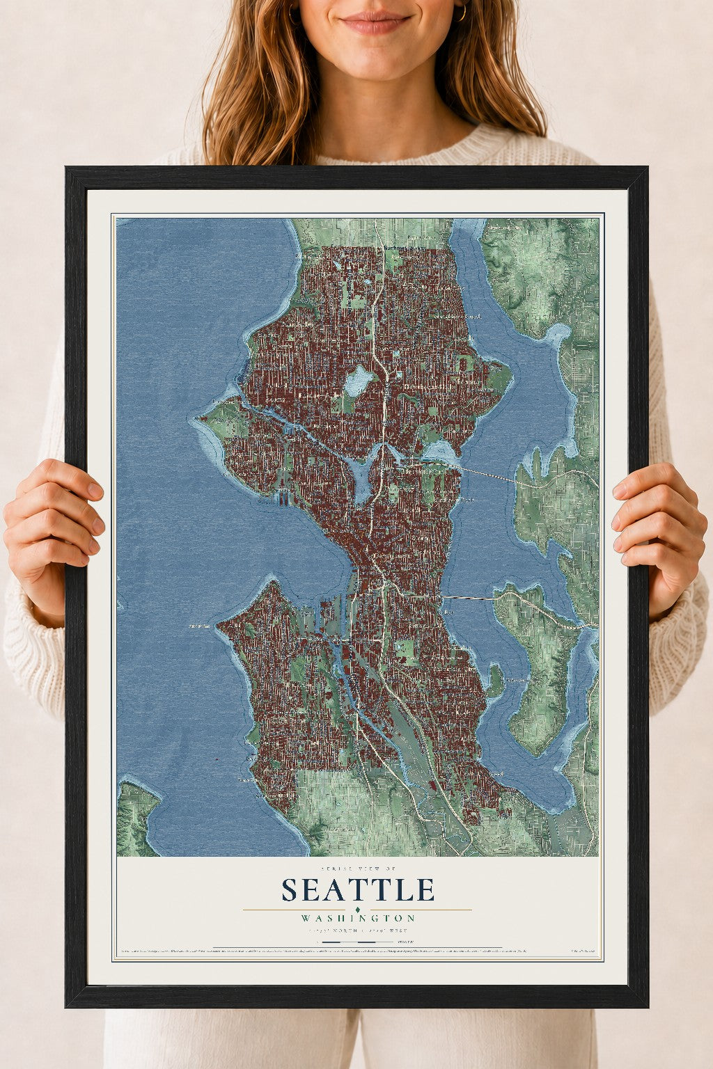 Map of Seattle, Washington, 18 x 24 inch print in a black wood frame