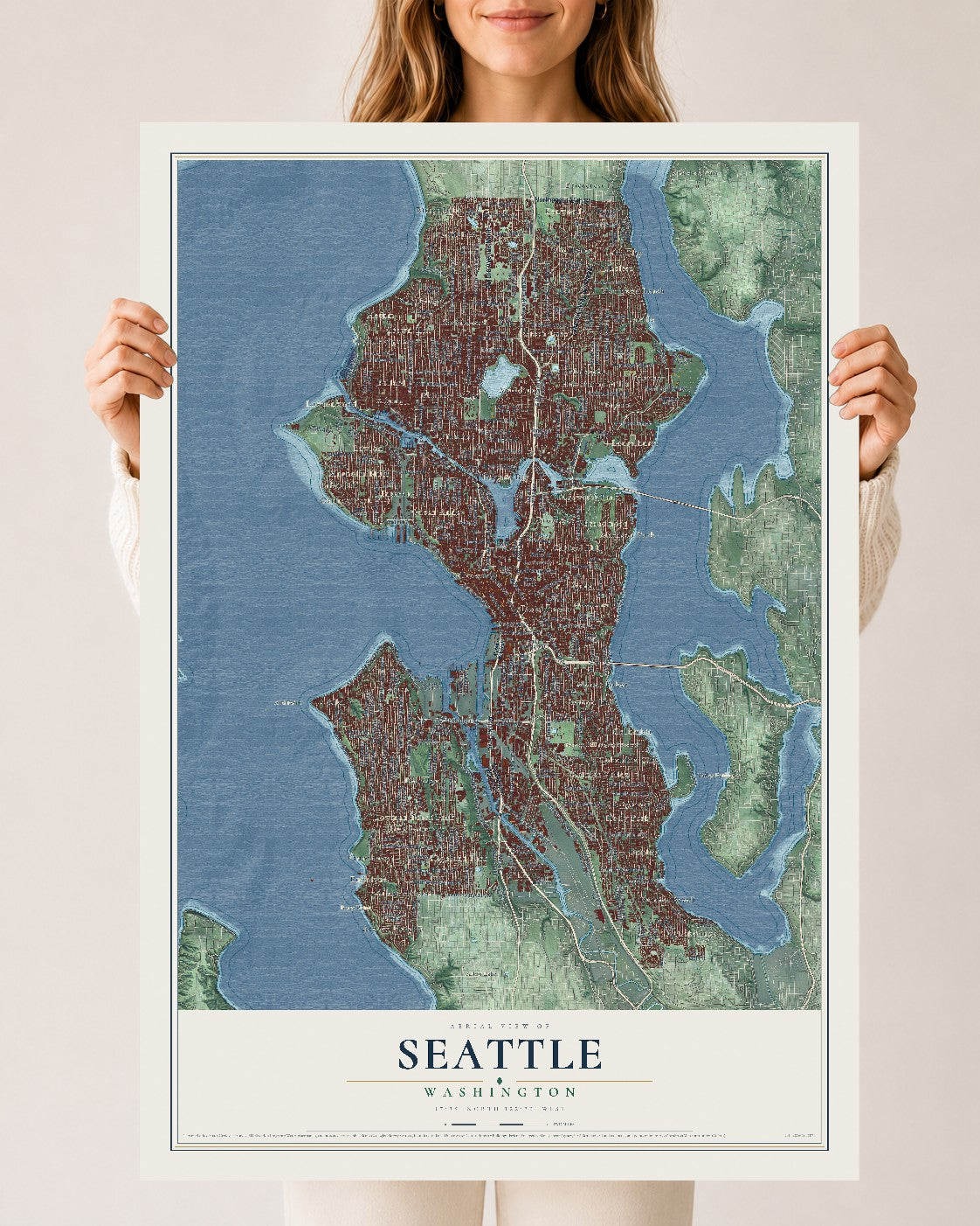 Map of Seattle, Washington, 24 x 36 inch unframed archival matte print