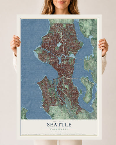 Map of Seattle, Washington, 24 x 36 inch unframed archival matte print