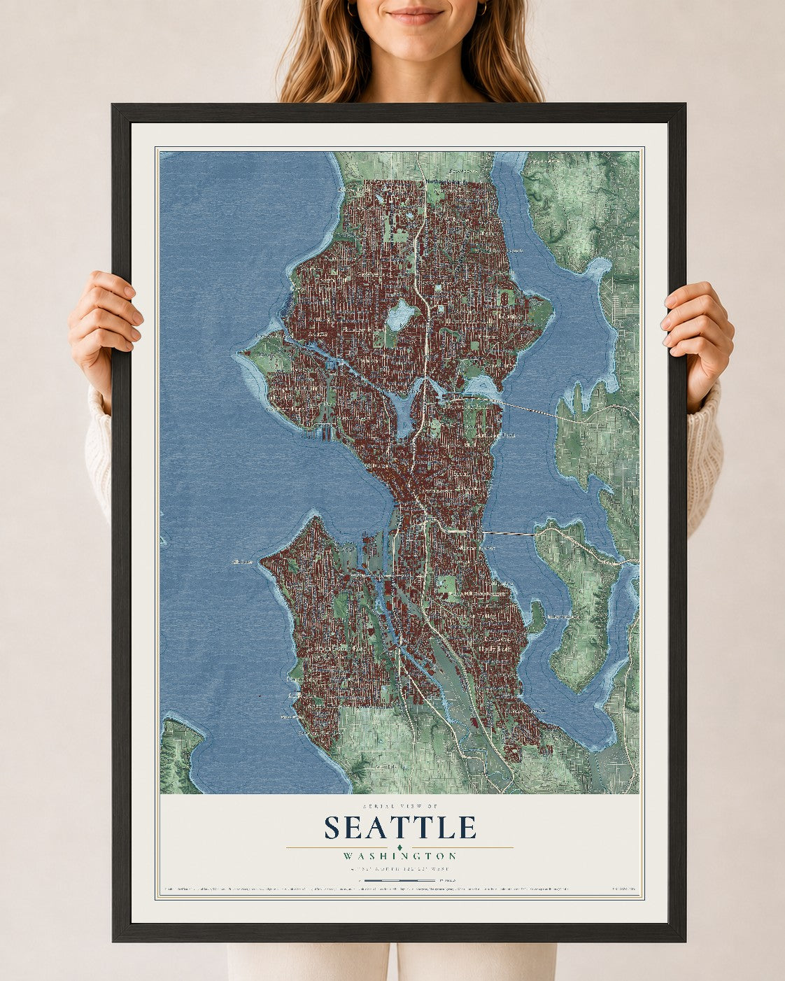 Map of Seattle, Washington, 24 x 36 inch print in a black wood frame