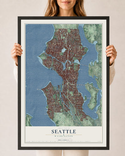 Map of Seattle, Washington, 24 x 36 inch print in a black wood frame