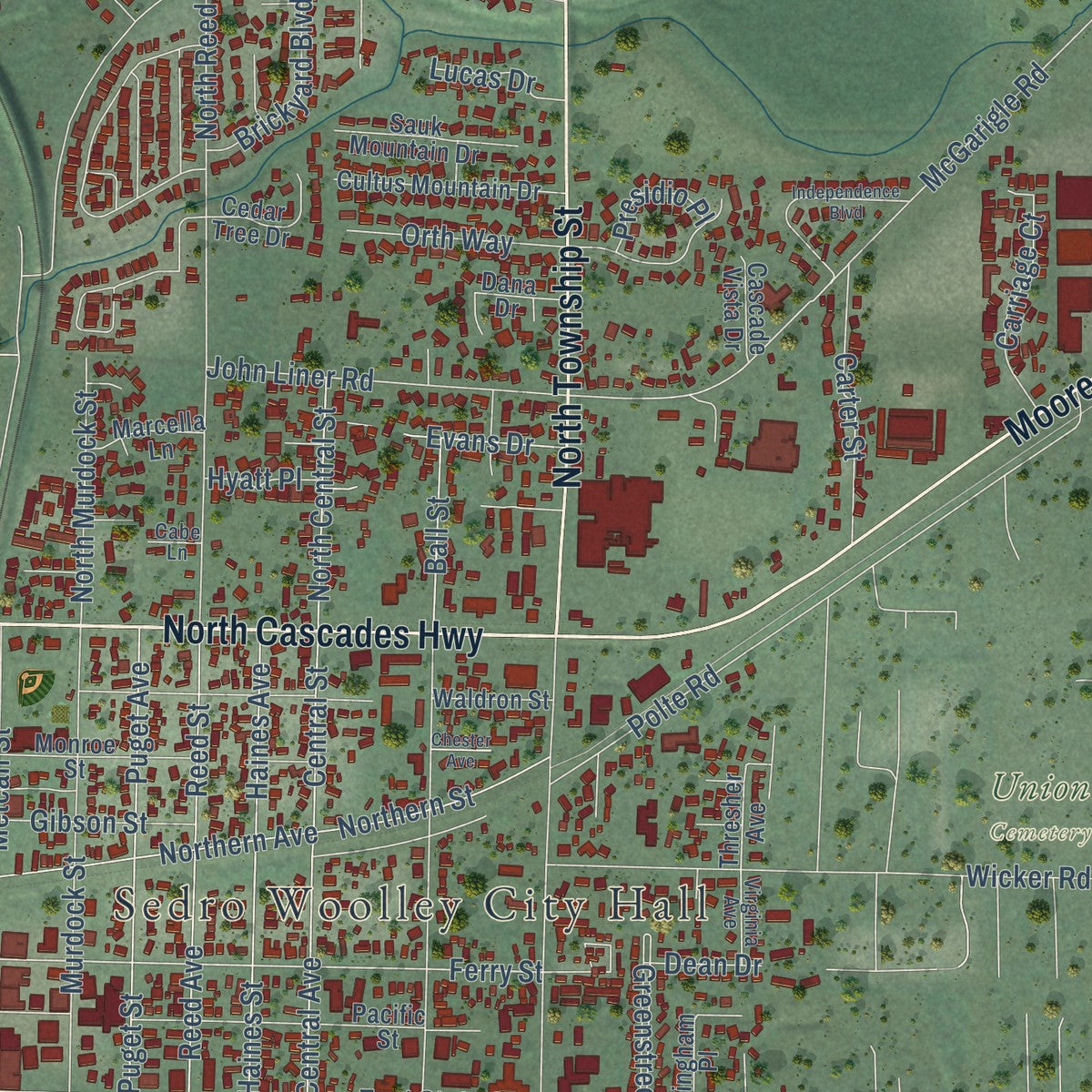 Close-up of the map of Sedro-Woolley, Washington print showing street and building detail