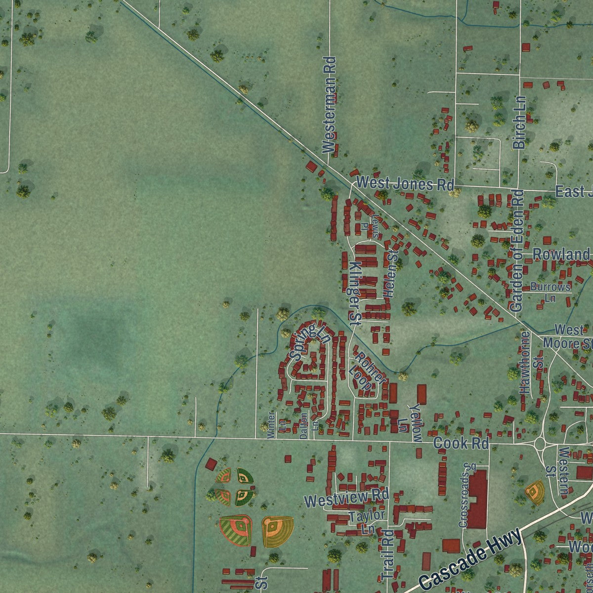 Second close-up of the map of Sedro-Woolley, Washington print showing more streets and buildings