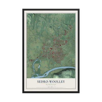 Map of Sedro-Woolley, Washington, 12 x 18 inch print in a black wood frame
