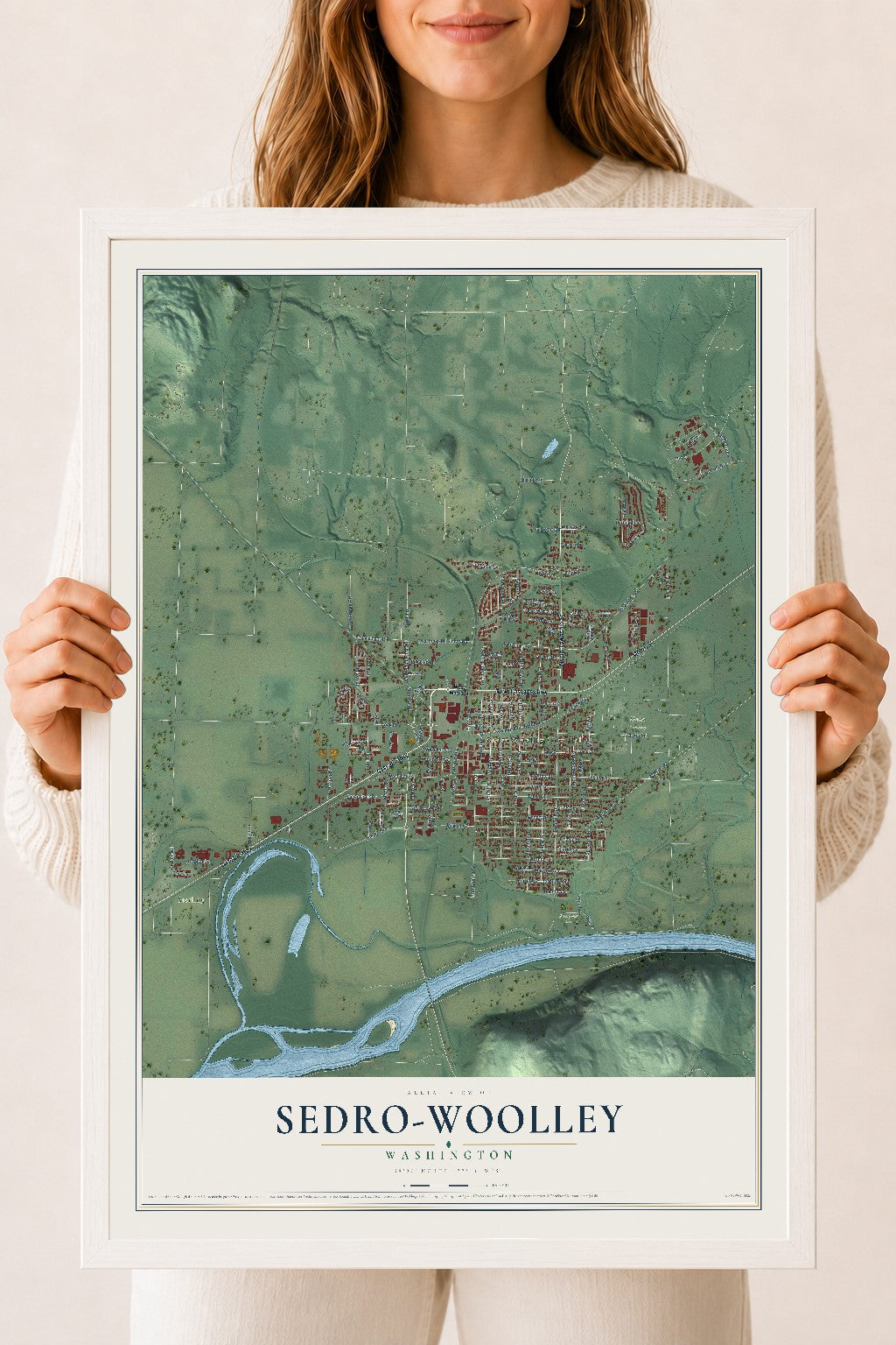 Map of Sedro-Woolley, Washington, 18 x 24 inch print in a white wood frame
