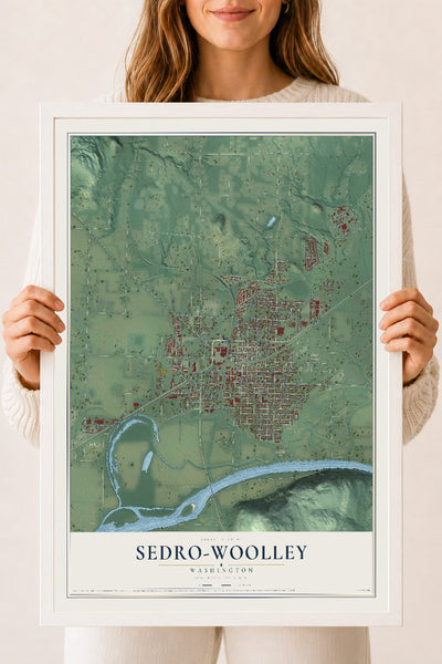 Map of Sedro-Woolley, Washington, 18 x 24 inch print in a white wood frame