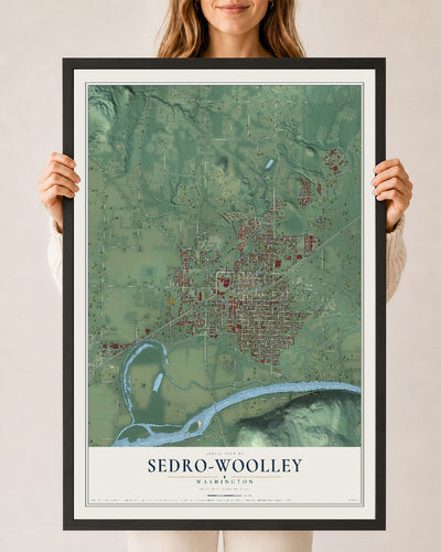 Map of Sedro-Woolley, Washington, 24 x 36 inch print in a black wood frame