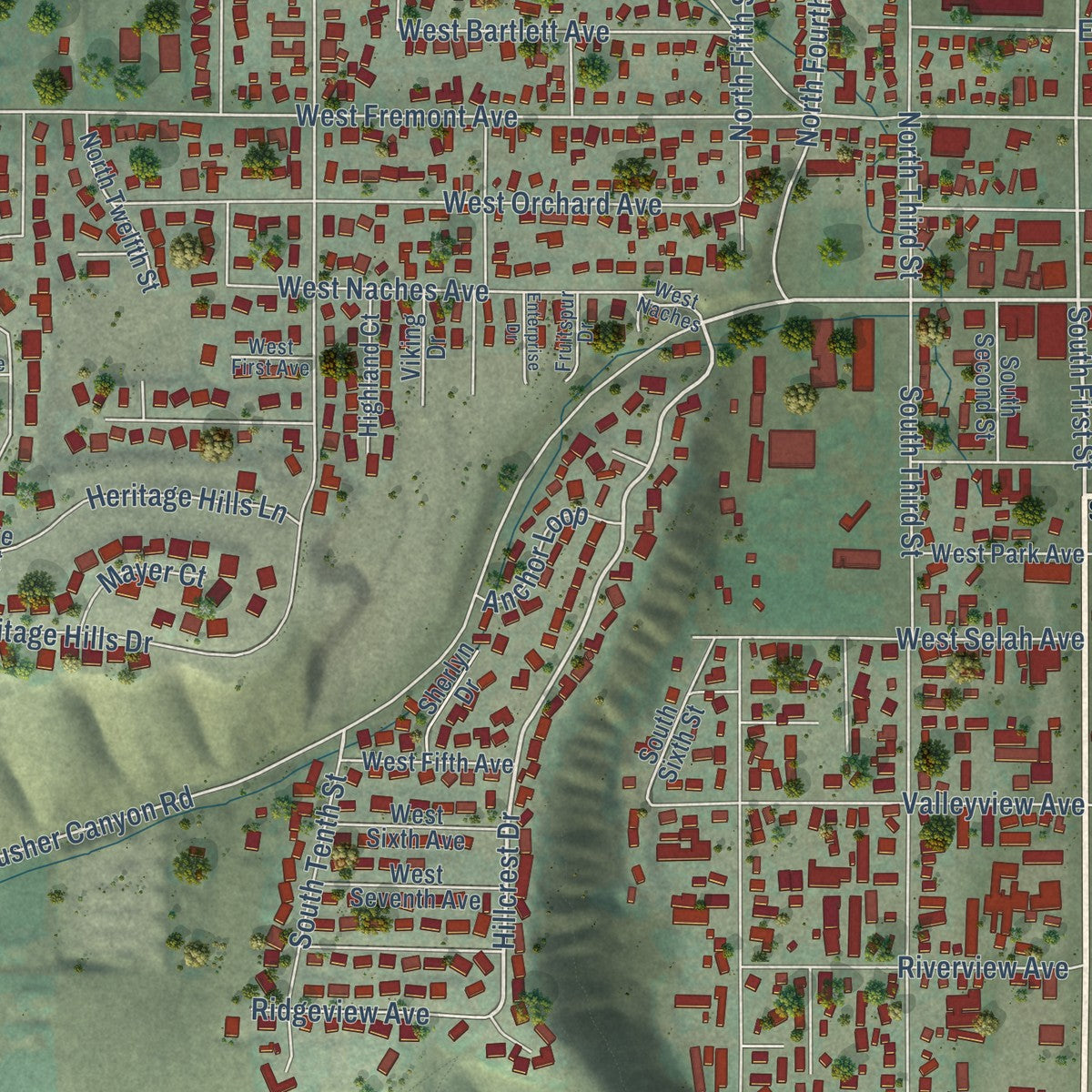 Close-up of the map of Selah, Washington print showing street and building detail