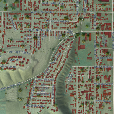 Close-up of the map of Selah, Washington print showing street and building detail