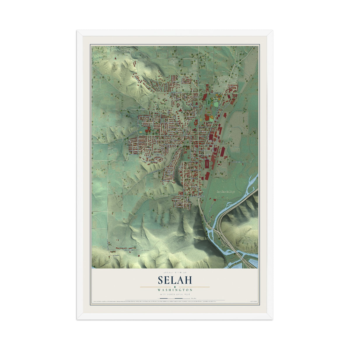 Map of Selah, Washington, 12 x 18 inch print in a white wood frame