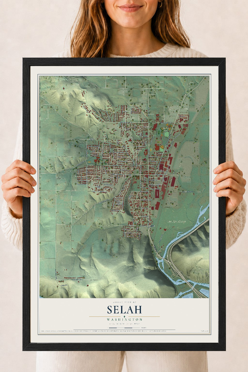 Map of Selah, Washington, 18 x 24 inch print in a black wood frame