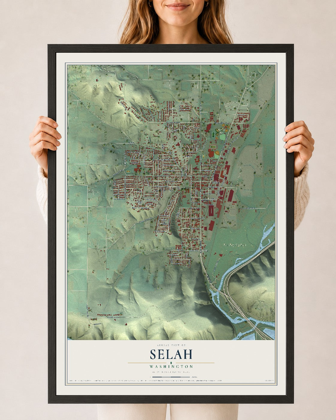 Map of Selah, Washington, 24 x 36 inch print in a black wood frame