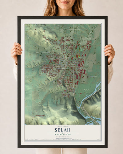 Map of Selah, Washington, 24 x 36 inch print in a black wood frame