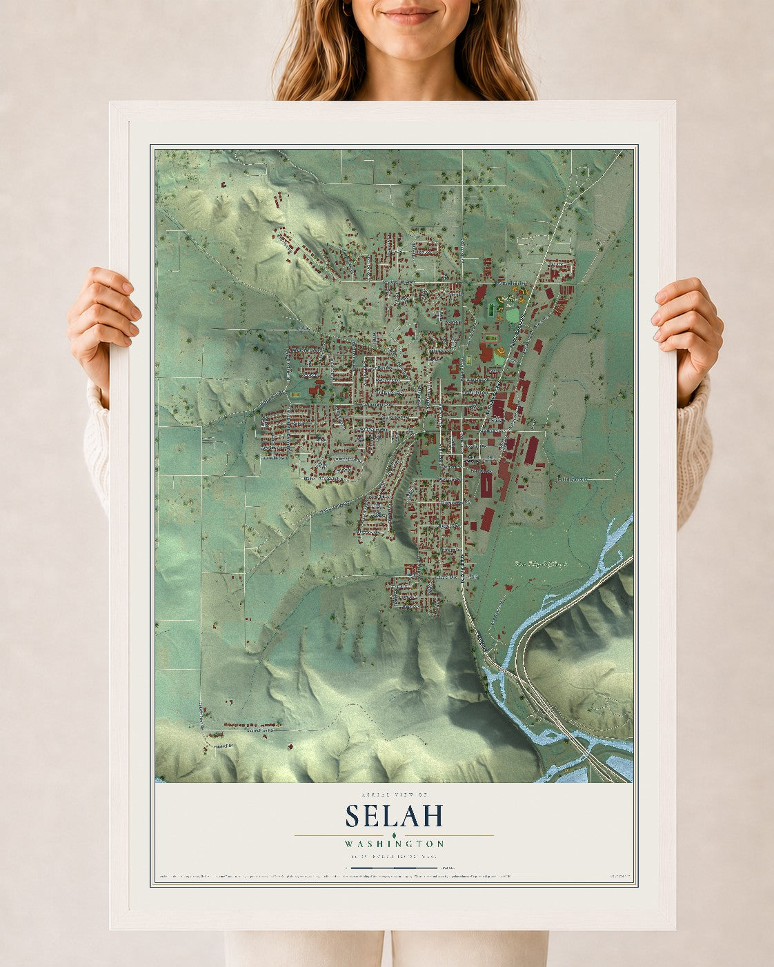 Map of Selah, Washington, 24 x 36 inch print in a white wood frame