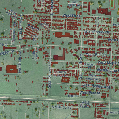 Close-up of the map of Sequim, Washington print showing street and building detail