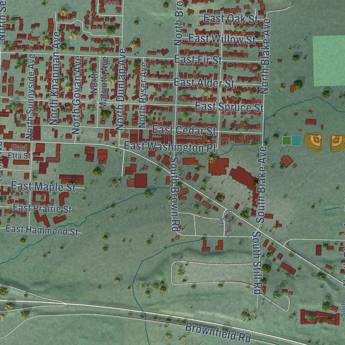 Second close-up of the map of Sequim, Washington print showing more streets and buildings