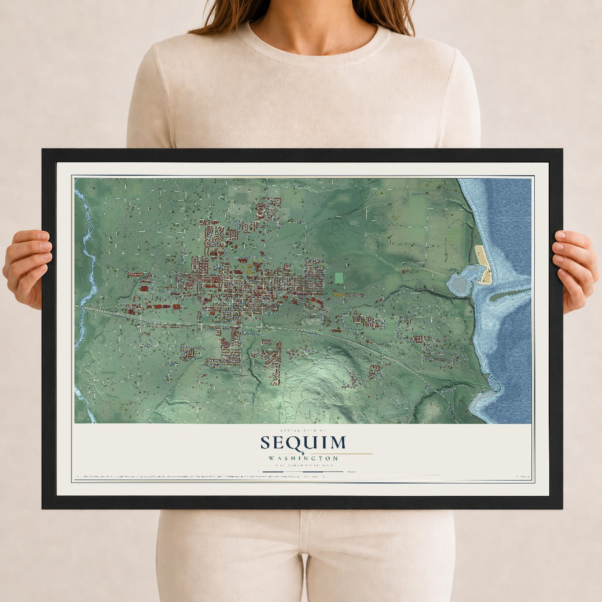 Map of Sequim, Washington, 12 x 18 inch print in a black wood frame