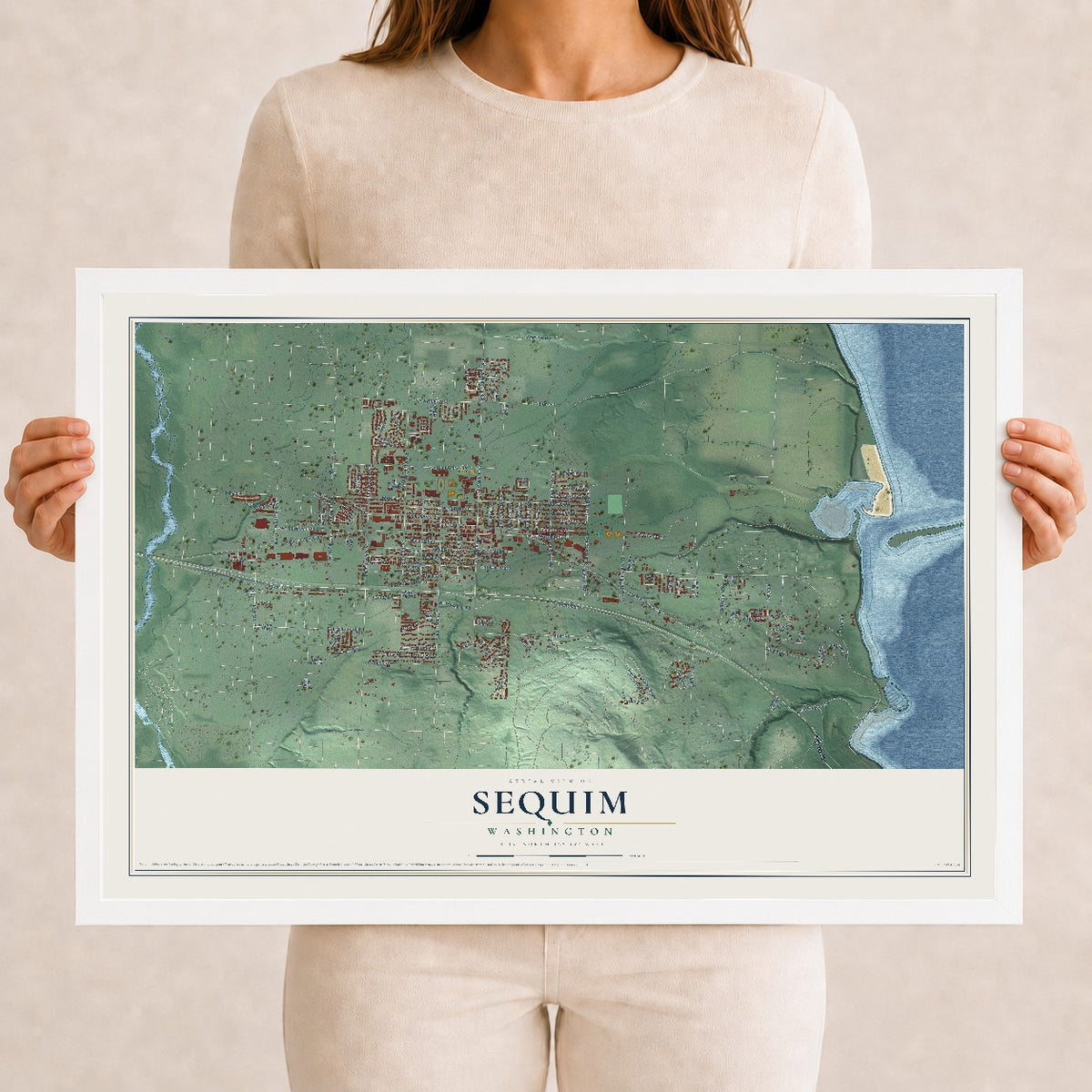 Map of Sequim, Washington, 12 x 18 inch print in a white wood frame