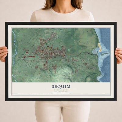 Map of Sequim, Washington, 18 x 24 inch print in a black wood frame