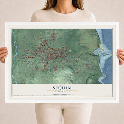 Map of Sequim, Washington, 18 x 24 inch print in a white wood frame