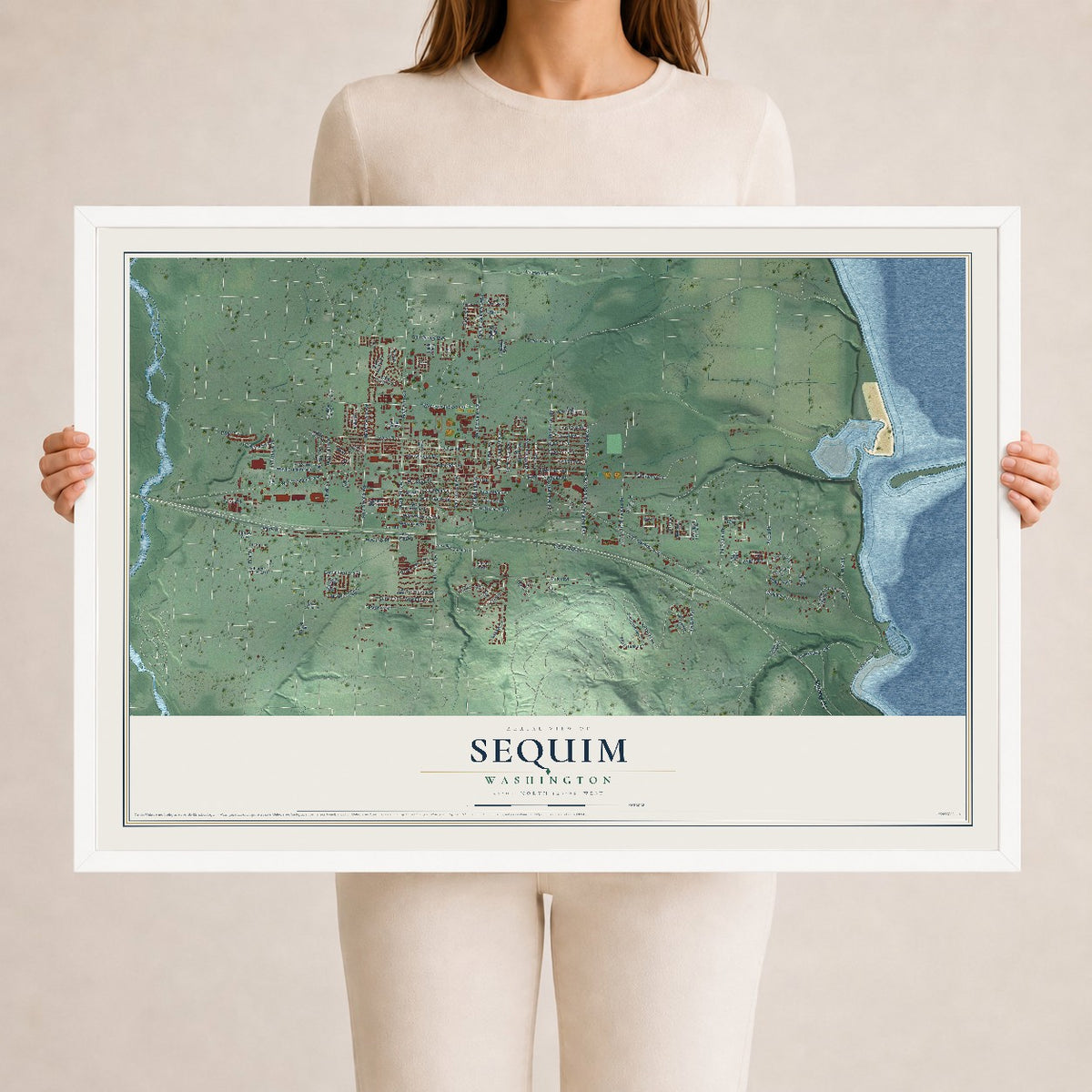 Map of Sequim, Washington, 24 x 36 inch print in a white wood frame