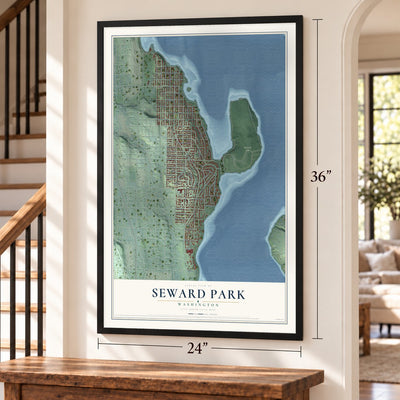 Seward Park, Washington map, 24 x 36 inch print in a black frame by a staircase