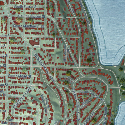 Close-up of the map of Seward Park, Washington print showing street and building detail
