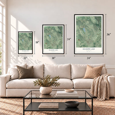 Shadow Lake, Washington map in 12 x 18, 18 x 24 and 24 x 36 inch sizes above a sofa