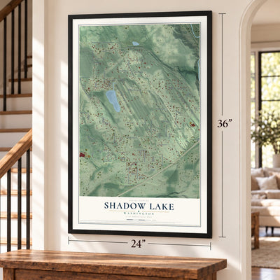 Shadow Lake, Washington map, 24 x 36 inch print in a black frame by a staircase
